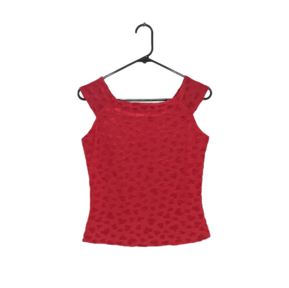 Vintage 90s Romantic Grunge Feminine Red Heart Print Bateau Neck Fitted Baby Tee